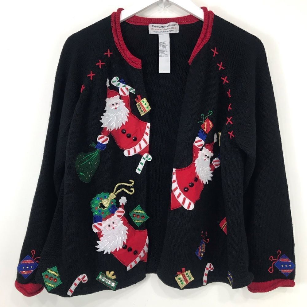 Tiara International Christmas Collection 2004 Black Red Santa Appliqué Cardigan